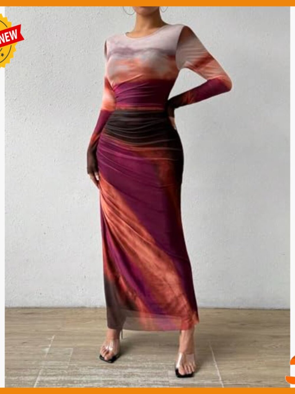 Long Sleeve Maxi Bodycon Dress Ruched Formal Slim Fit Mesh Tie Dye - Picture 5 of 7